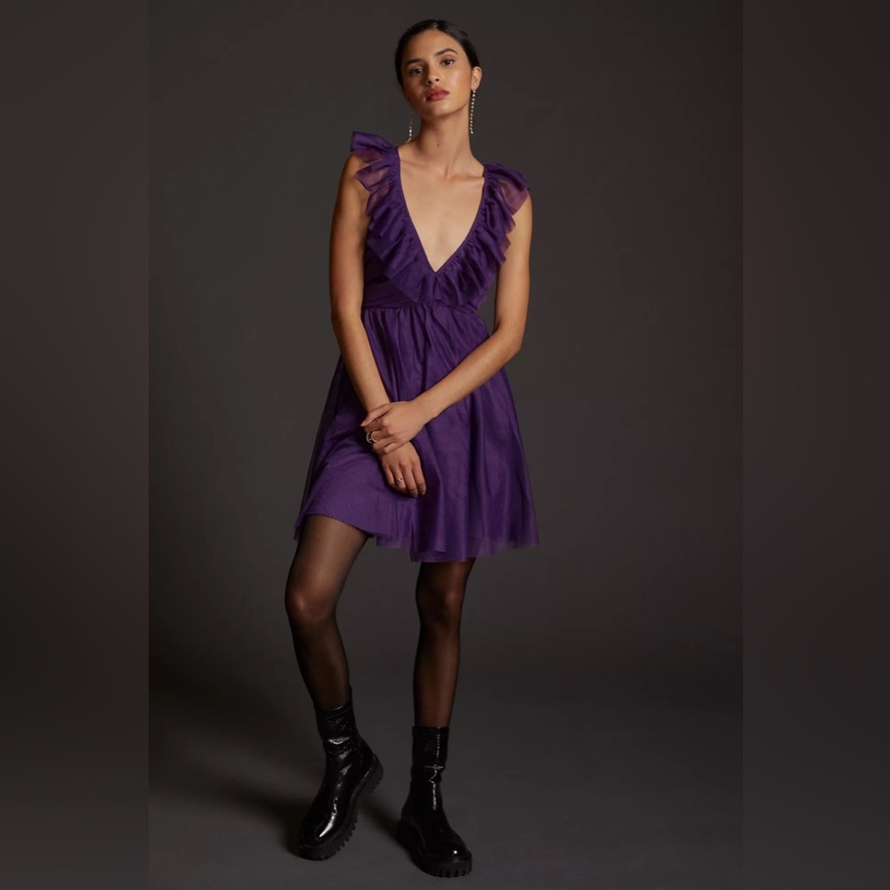 Anthropologie Deep Purple Ruffle Mini Dress